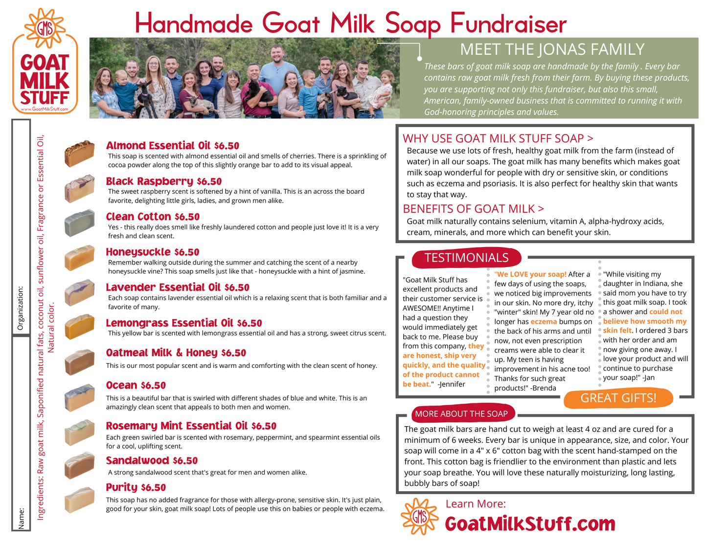 Handmade Goat Milk Soap Fundraiser flyer with product details and family photo.