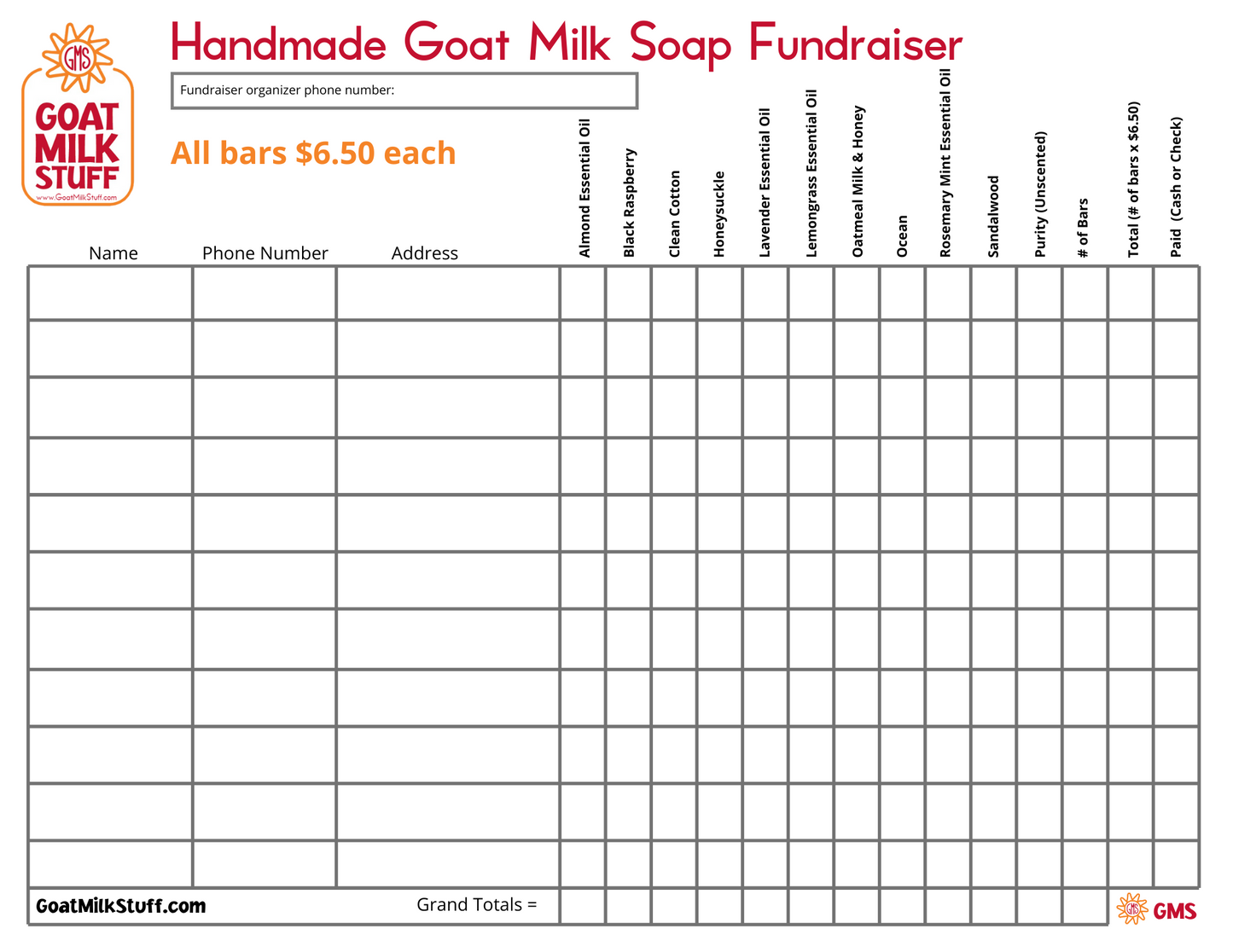 Handmade Goat Milk Soap Fundraiser form with a grid for recording details.