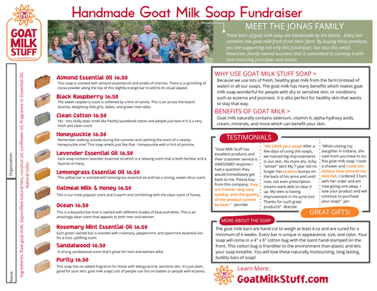 Handmade Goat Milk Soap Fundraiser flyer with product details and family photo.