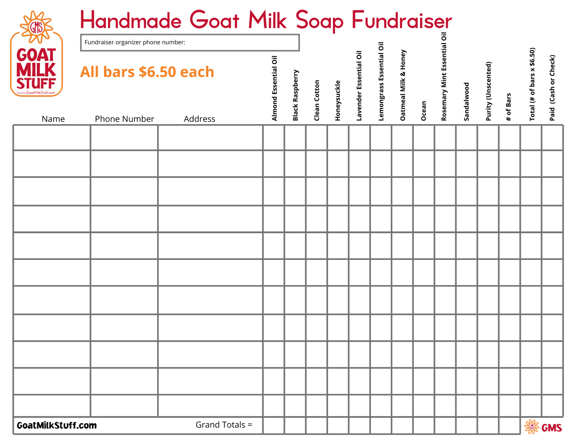 Handmade Goat Milk Soap Fundraiser form with a grid for recording details.
